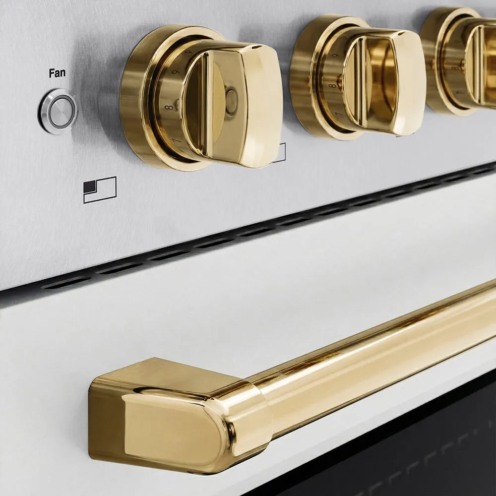 ZLINE Autograph Edition Paramount 36-inch range in satin stainless steel with white matte door and polished gold accents SINRSZ-WM-36-G, detail