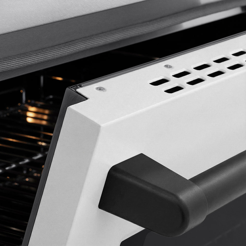 ZLINE Autograph Edition Paramount 36-inch range in satin stainless steel with white matte door and matte black accents SINRSZ-WM-36-MB, detail