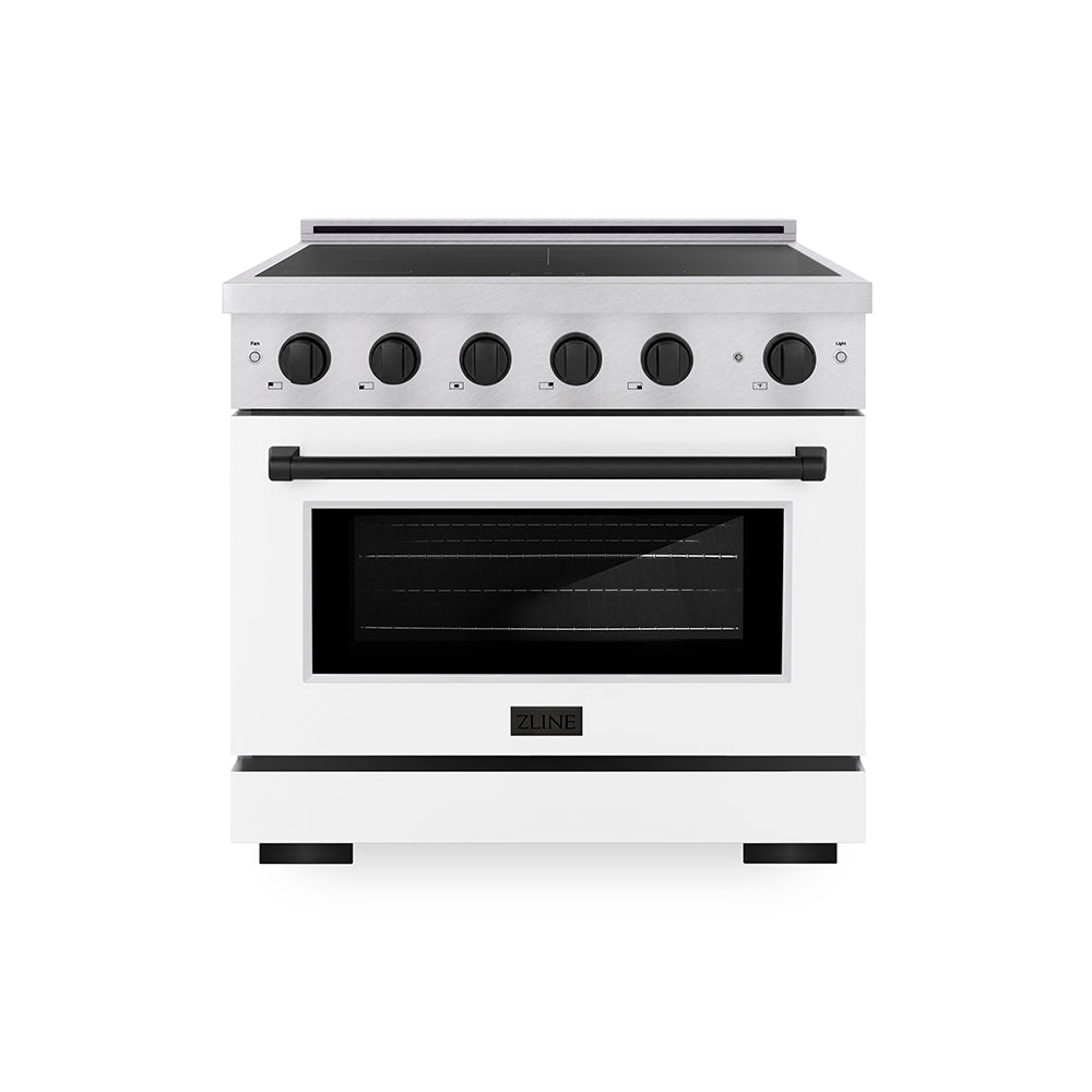 ZLINE Autograph Edition Paramount 36-inch range in satin stainless steel with white matte door and matte black accents SINRSZ-WM-36-MB