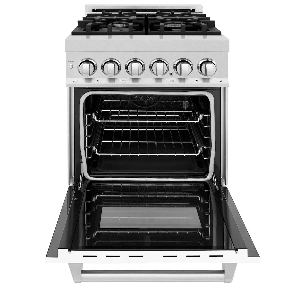 ZLINE Legacy 24-inch range in satin stainless steel with white matte door RAS-WM-24, front view