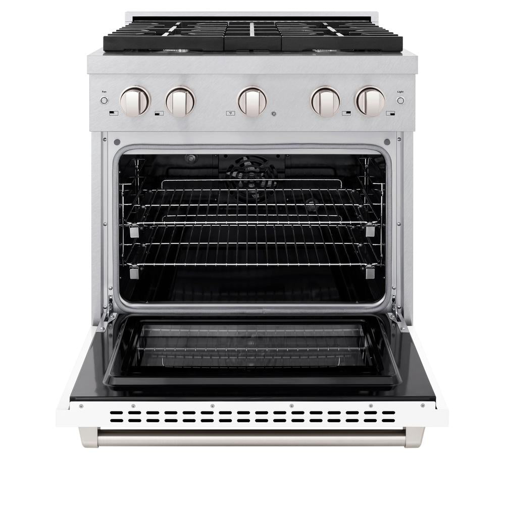 ZLINE Paramount 30-inch range in satin stainless steel with white matte door SDRS-WM-30, front view