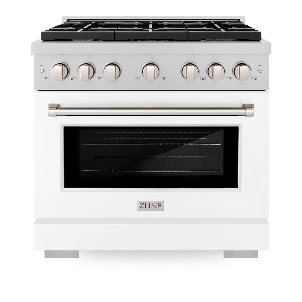 ZLINE Paramount 36-inch range in satin stainless steel with white matte door SDRS-WM-36, front view