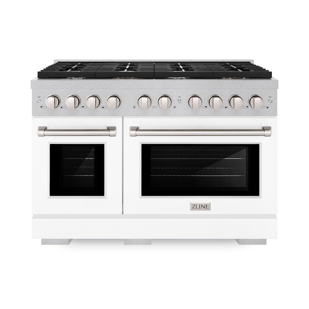 ZLINE Paramount 48-inch range in satin stainless steel with white matte door SDRS-WM-48, front view