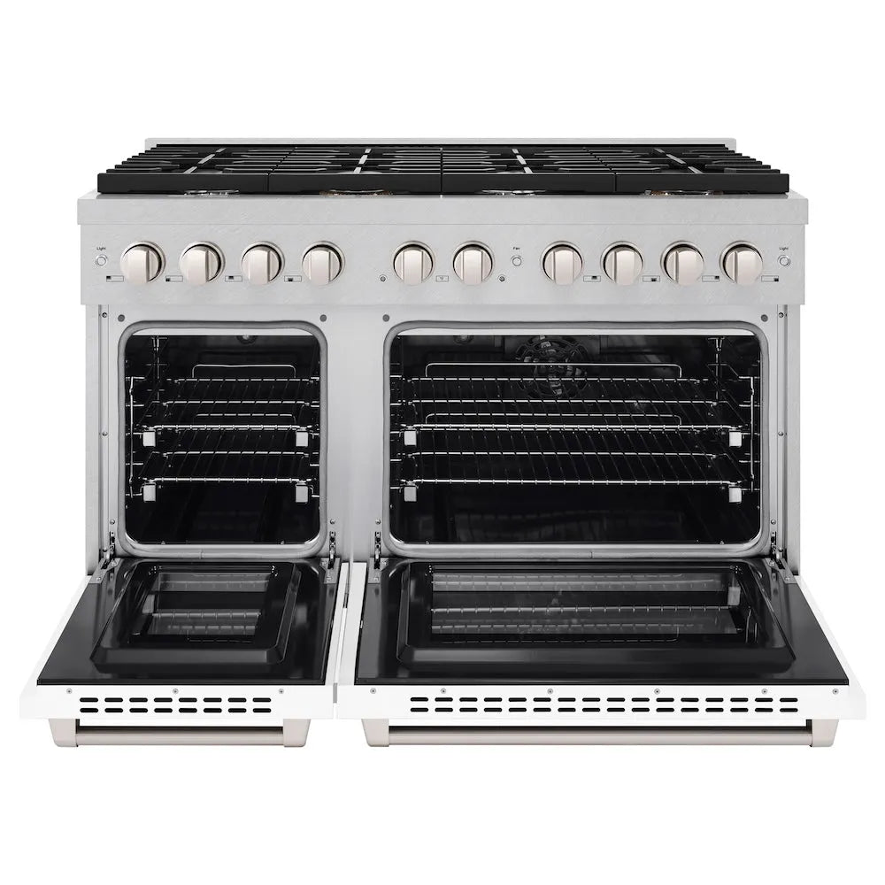 ZLINE Paramount 48-inch range in satin stainless steel with white matte door SDRS-WM-48, front view