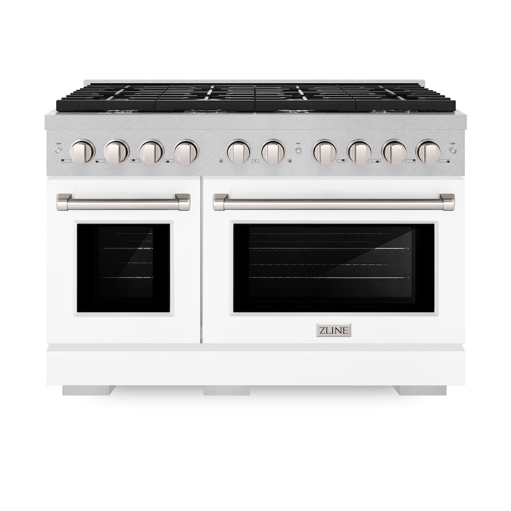 ZLINE Paramount 48-inch range in satin stainless steel with white matte door SDRS-WM-48, front view