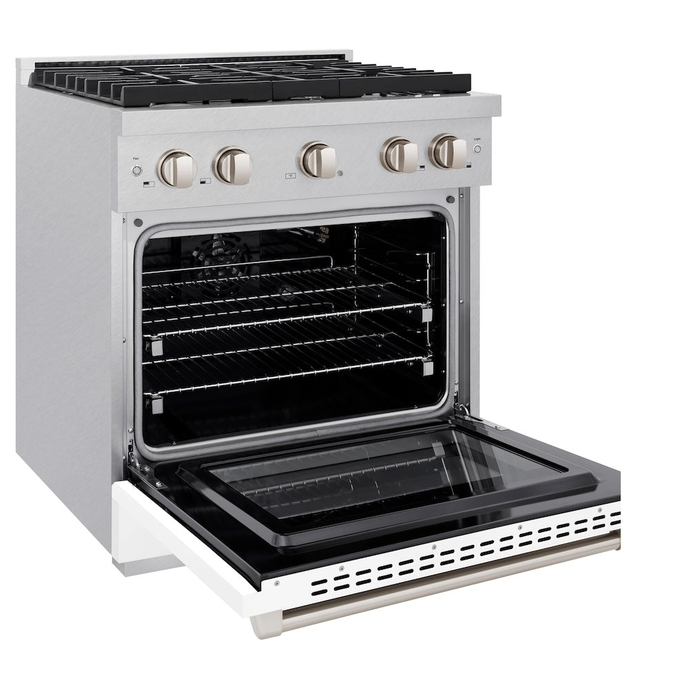 ZLINE Paramount 30-inch range in satin stainless steel with white matte door SGRS-WM-30, door open