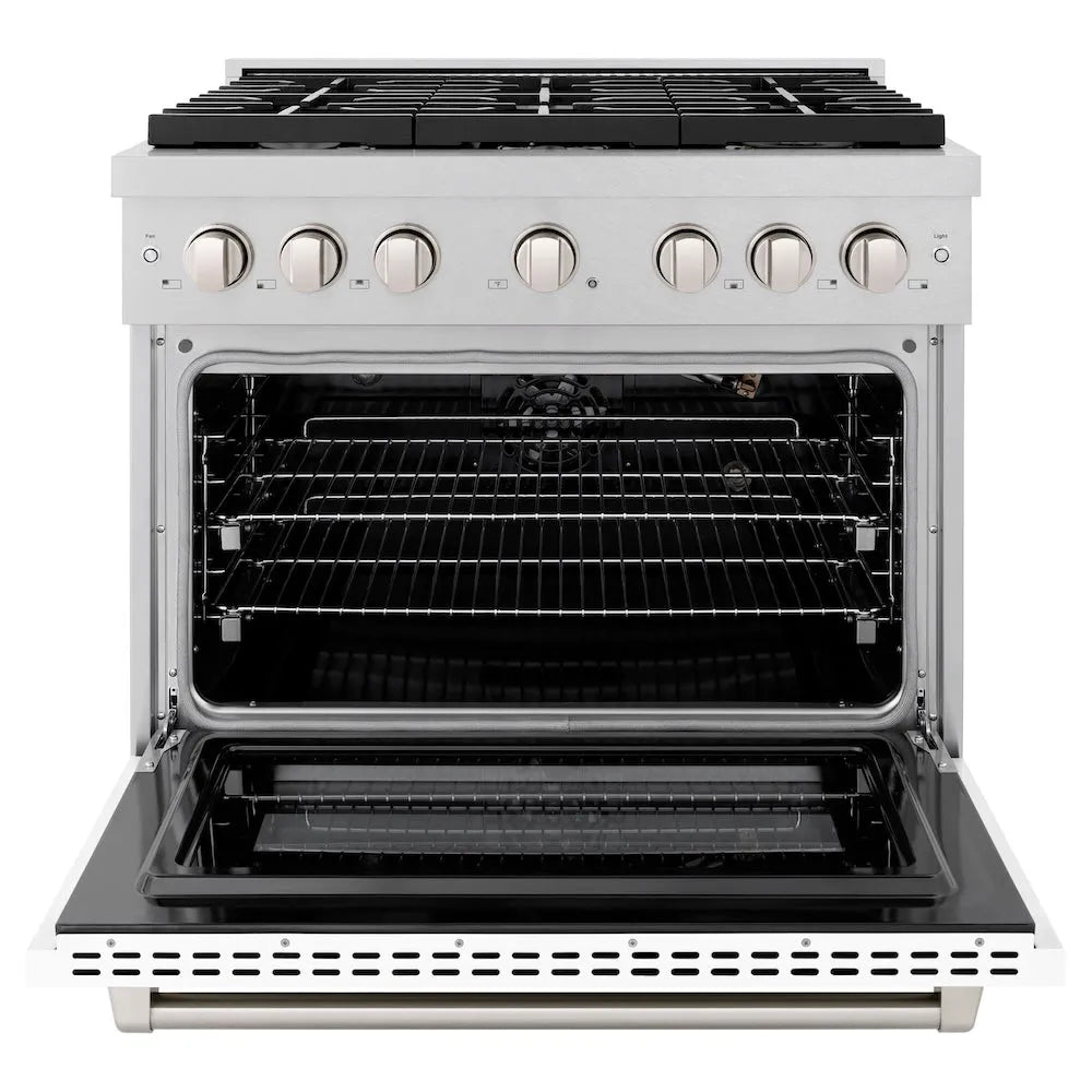 ZLINE Paramount 36-inch range in satin stainless steel with white matte door SGRS-WM-36, front view