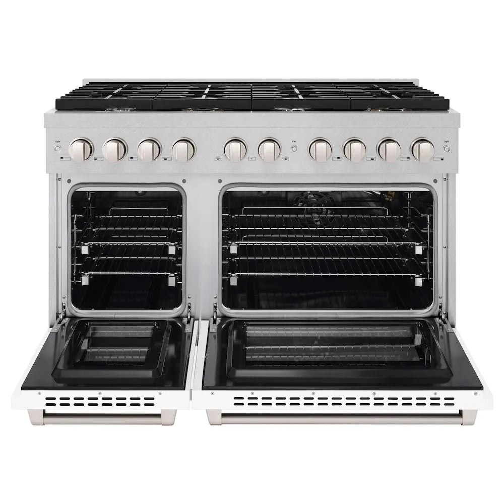 ZLINE Paramount 48-inch range in satin stainless steel with white matte door SGRS-WM-48, front view