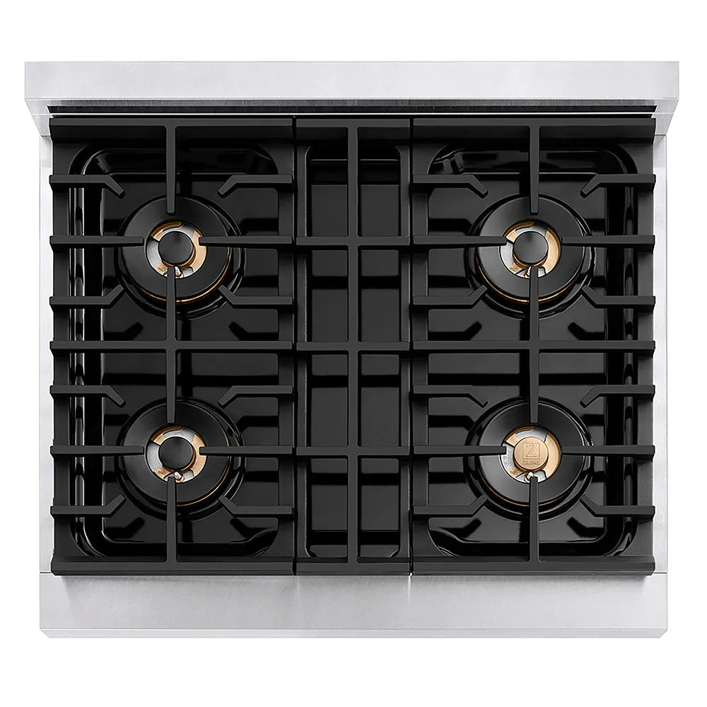 ZLINE Autograph Edition Paramount 30-inch rangetop in satin stainless steel and champagne bronze accents PSRTSZ-30-CB, front view