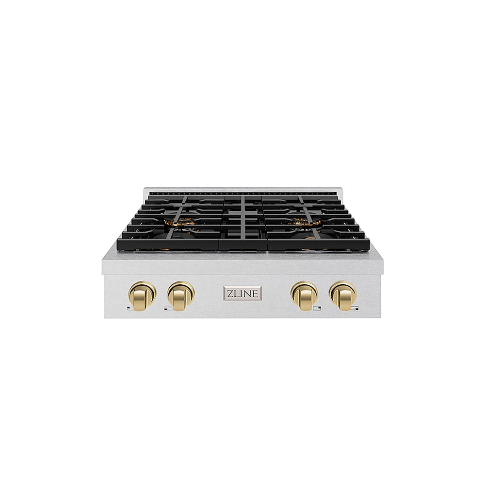 ZLINE Autograph Edition Paramount 30-inch rangetop in satin stainless steel and champagne bronze accents PSRTSZ-30-CB, front view
