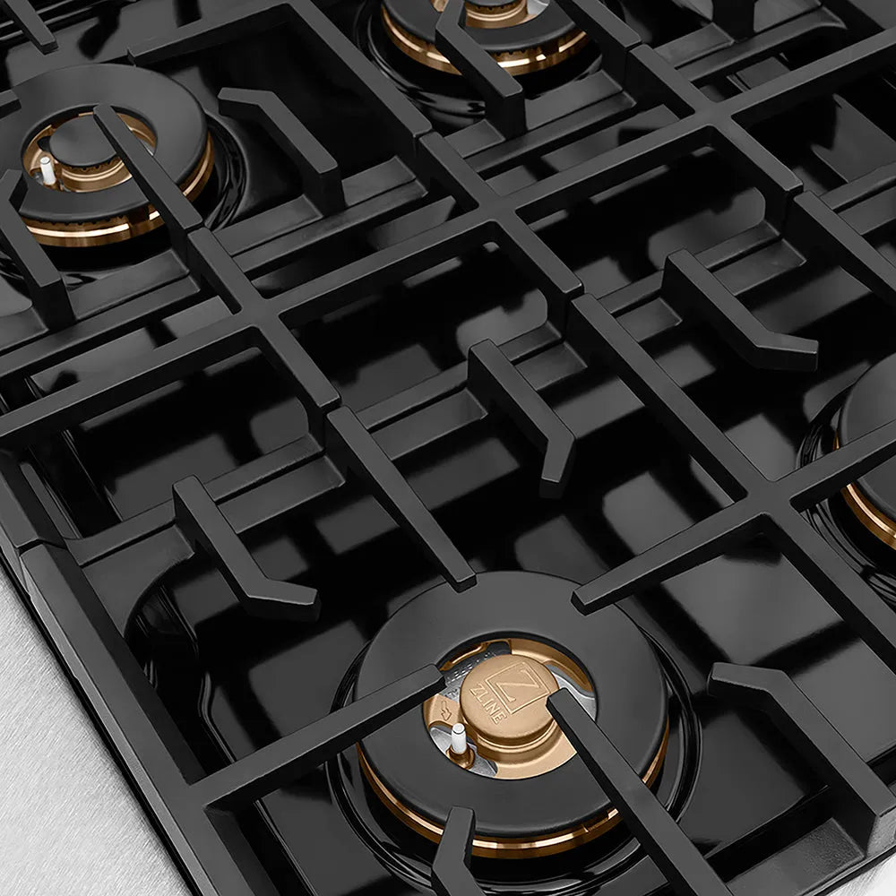 ZLINE Autograph Edition Paramount 30-inch rangetop in satin stainless steel and polished gold accents PSRTSZ-30-G, from above