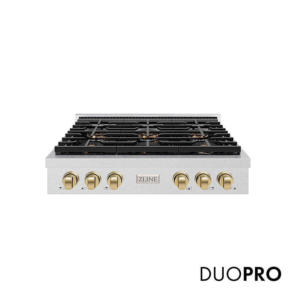 ZLINE Autograph Edition Paramount 36-inch rangetop in satin stainless steel and champagne bronze accents PSRTSZ-36-CB
