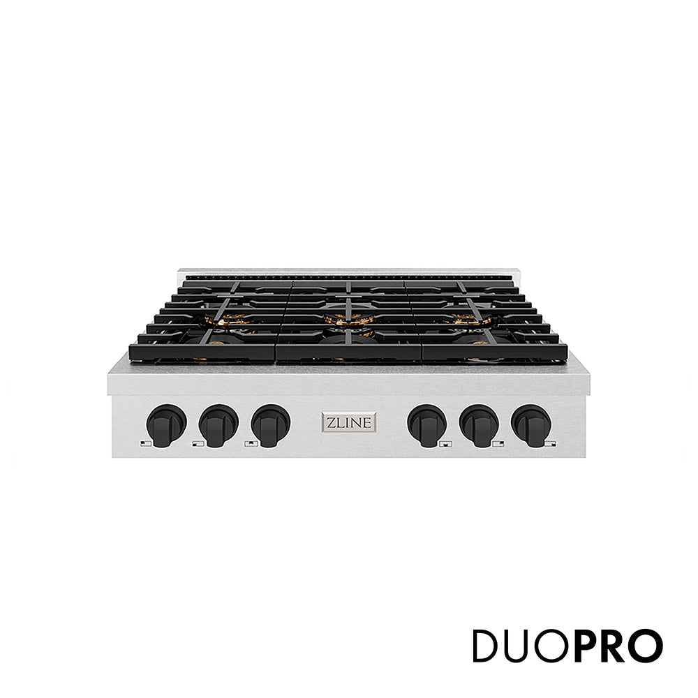 ZLINE Autograph Edition Paramount 36-inch rangetop in satin stainless steel and matte black accents PSRTSZ-36-MB