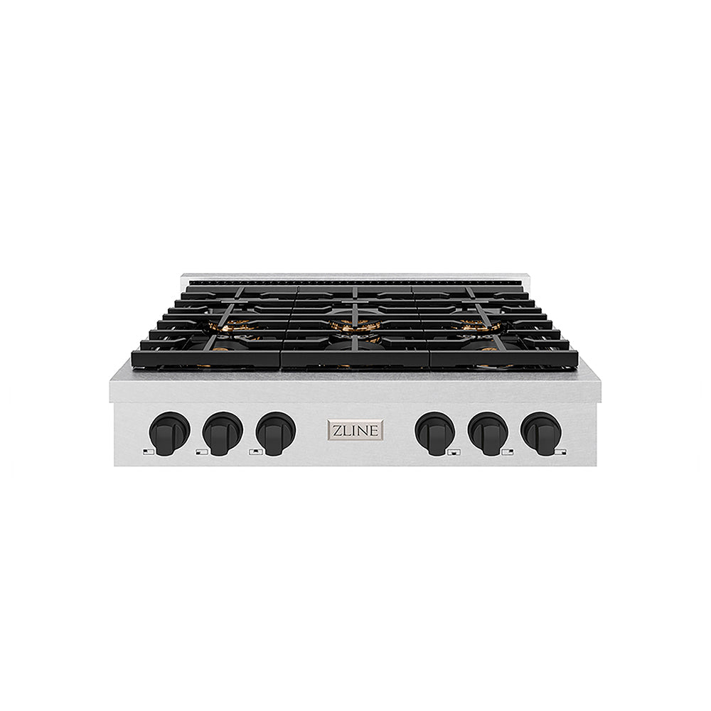ZLINE Autograph Edition Paramount 36-inch rangetop in satin stainless steel and matte black accents PSRTSZ-36-MB, front view