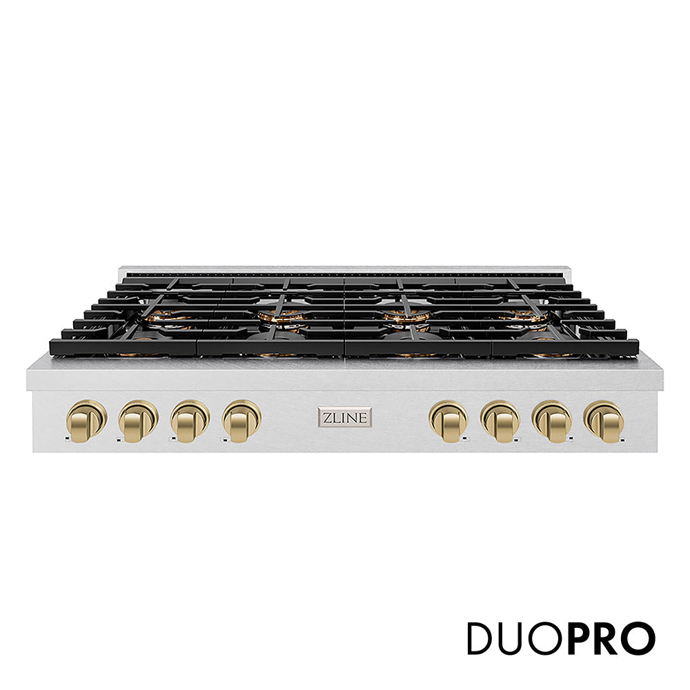 ZLINE Autograph Edition Paramount 48-inch rangetop in satin stainless steel and champagne bronze accents PSRTSZ-48-CB