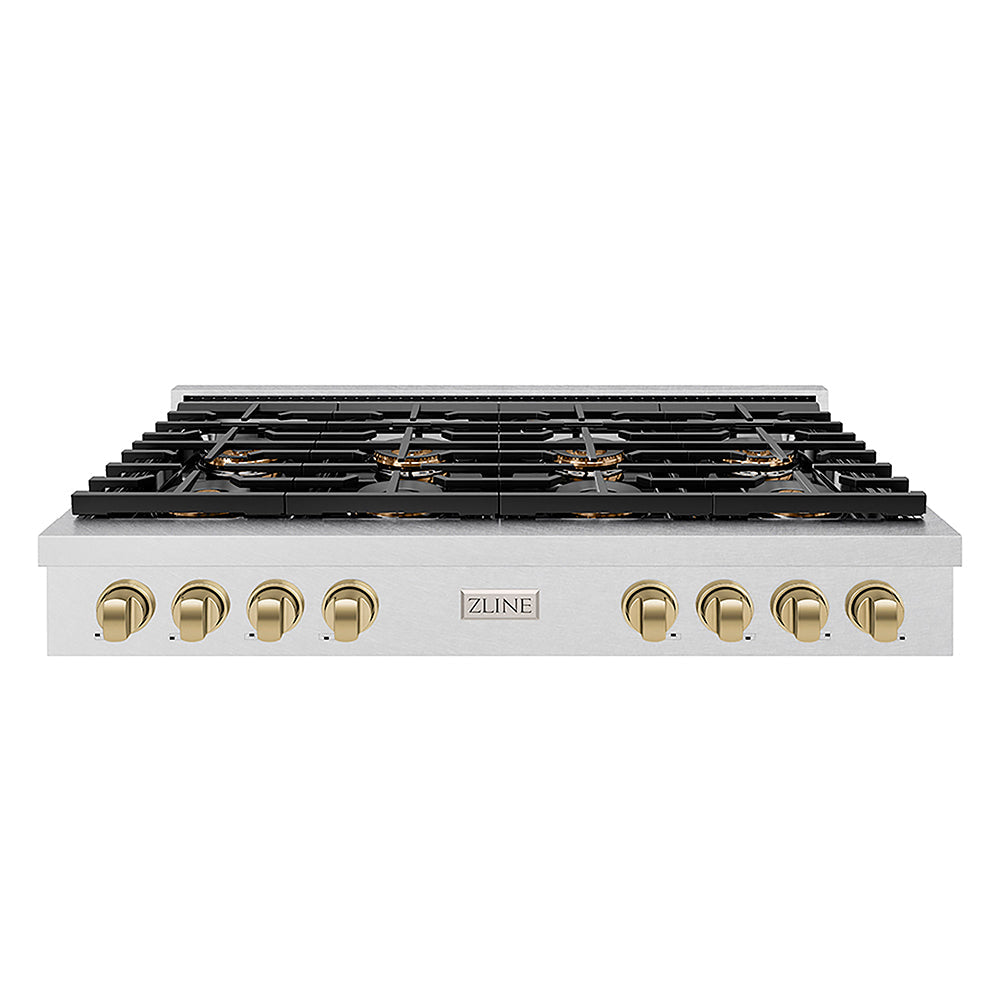 ZLINE Autograph Edition Paramount 48-inch rangetop in satin stainless steel and champagne bronze accents PSRTSZ-48-CB, front view