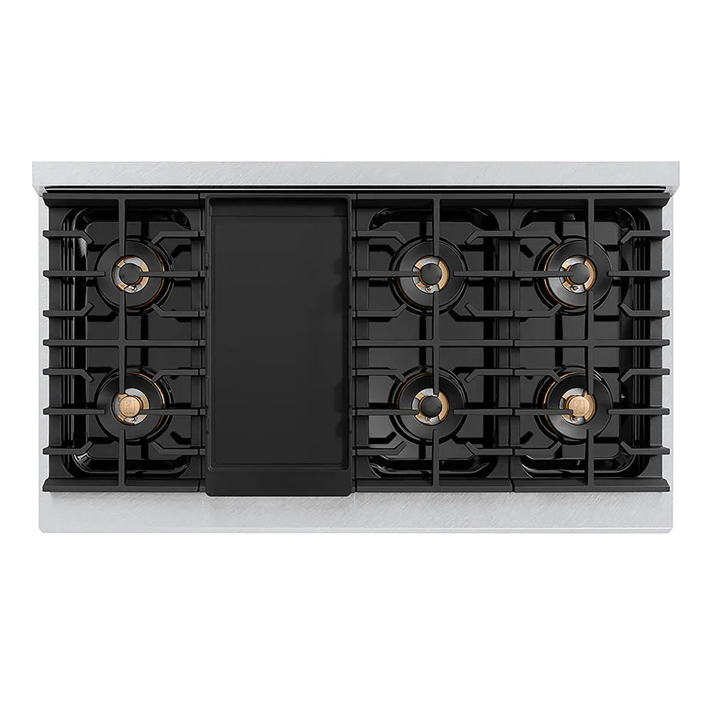 ZLINE Autograph Edition Paramount 48-inch rangetop in satin stainless steel and champagne bronze accents PSRTSZ-48-CB, from above