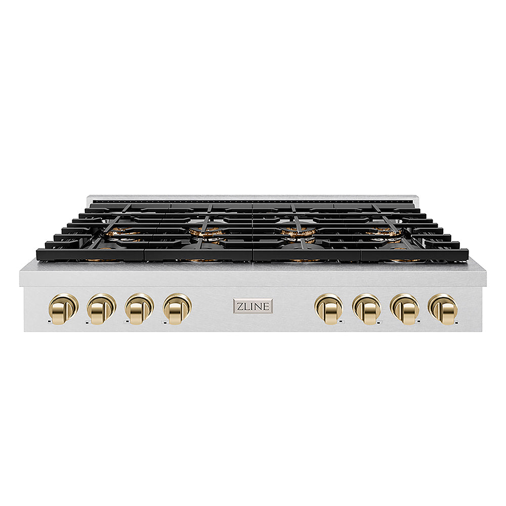 ZLINE Autograph Edition Paramount 48-inch rangetop in satin stainless steel and polished gold accents PSRTSZ-48-G, front view