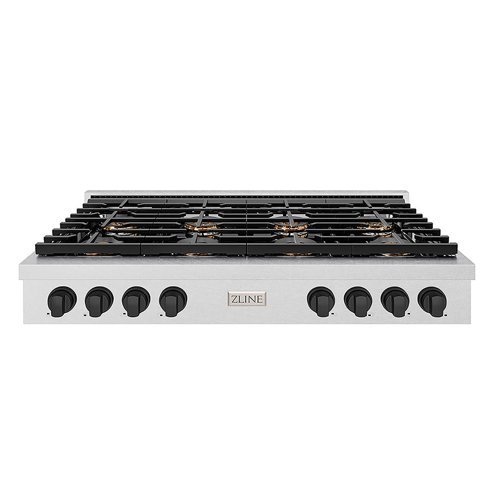 ZLINE Autograph Edition Paramount 48-inch rangetop in satin stainless steel and matte black accents PSRTSZ-48-MB, front view