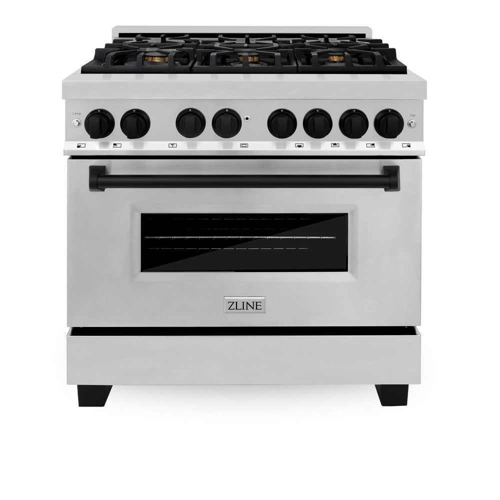 ZLINE Autograph Edition Legacy 36-inch range in stainless steel and matte black accents RAZ-36-MB, front view