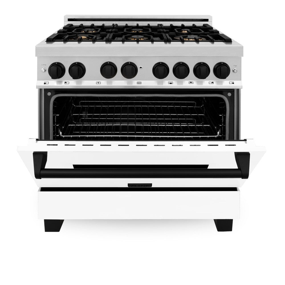 ZLINE Autograph Edition Legacy 36-inch range in stainless steel with white matte door and matte black accents RAZ-WM-36-MB, front view