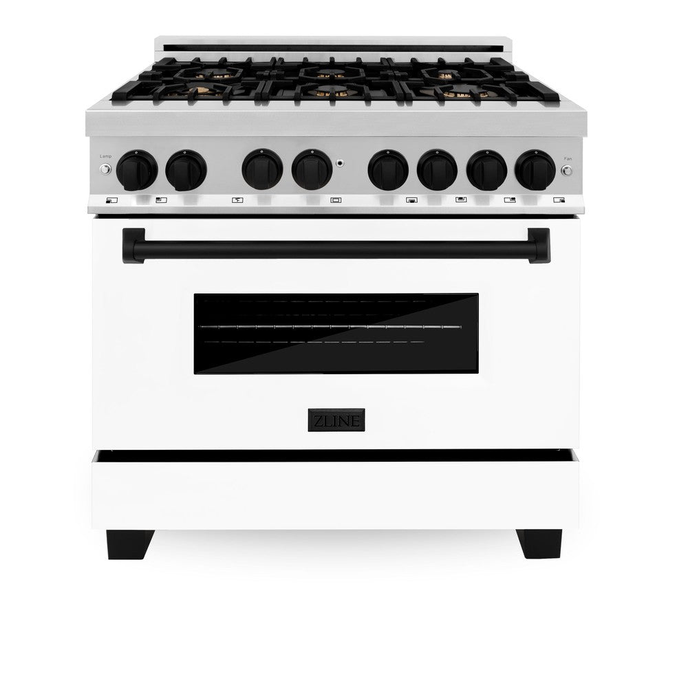 ZLINE Autograph Edition Legacy 36-inch range in stainless steel with white matte door and matte black accents RAZ-WM-36-MB, front view