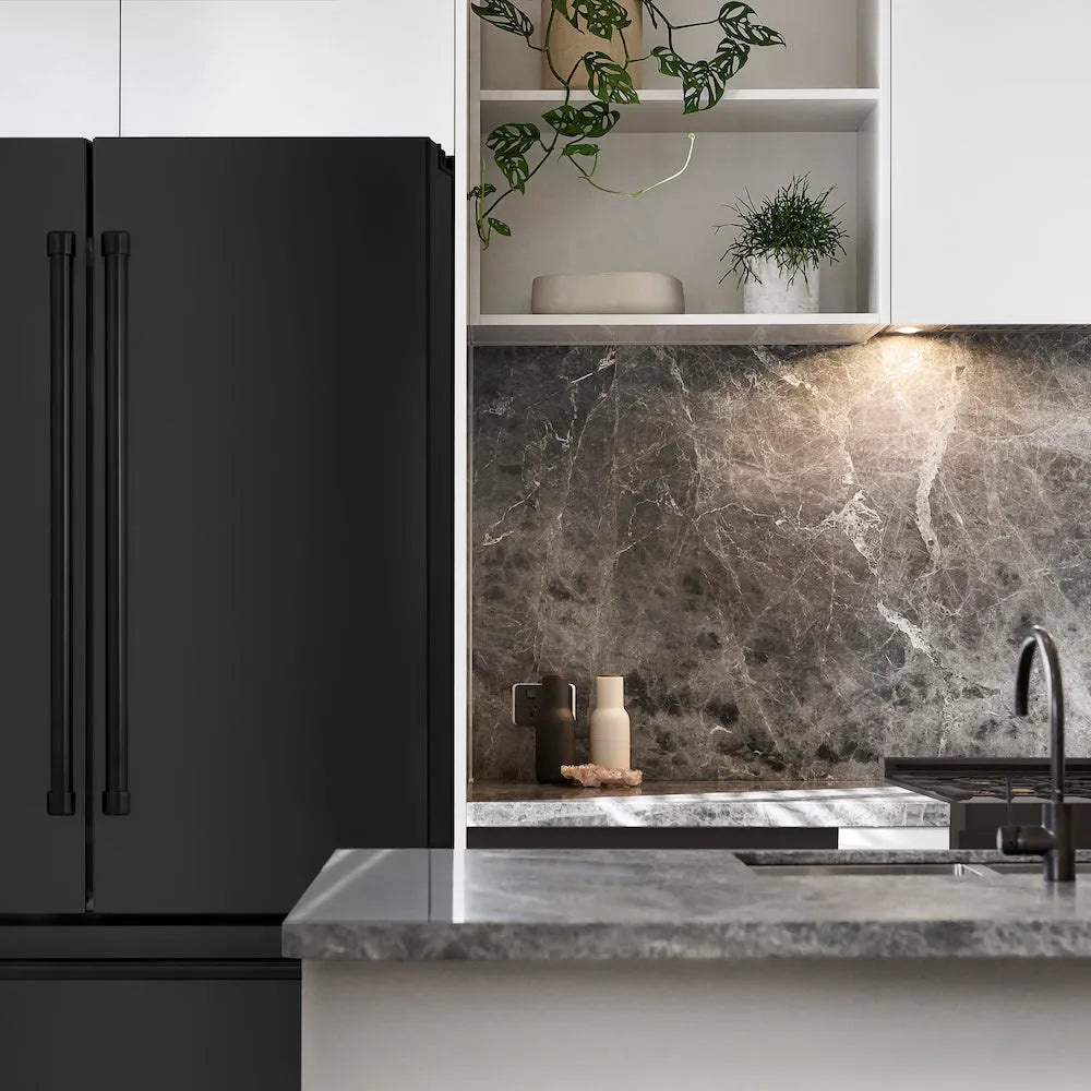 ZLINE 36-inch refrigerator in fingerprint-resistant black stainless steel with bright white interior RFM-36-BS, front view