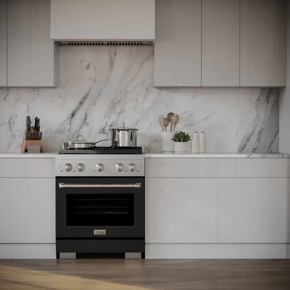 ZLINE Paramount 30-inch range in stainless steel with black matte door SDR-BLM-30, front view