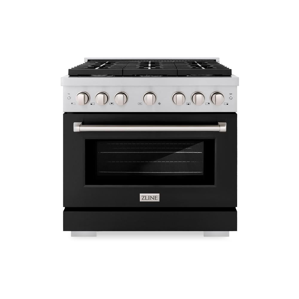 ZLINE Paramount 36-inch range in stainless steel with black matte door SDR-BLM-36, front view