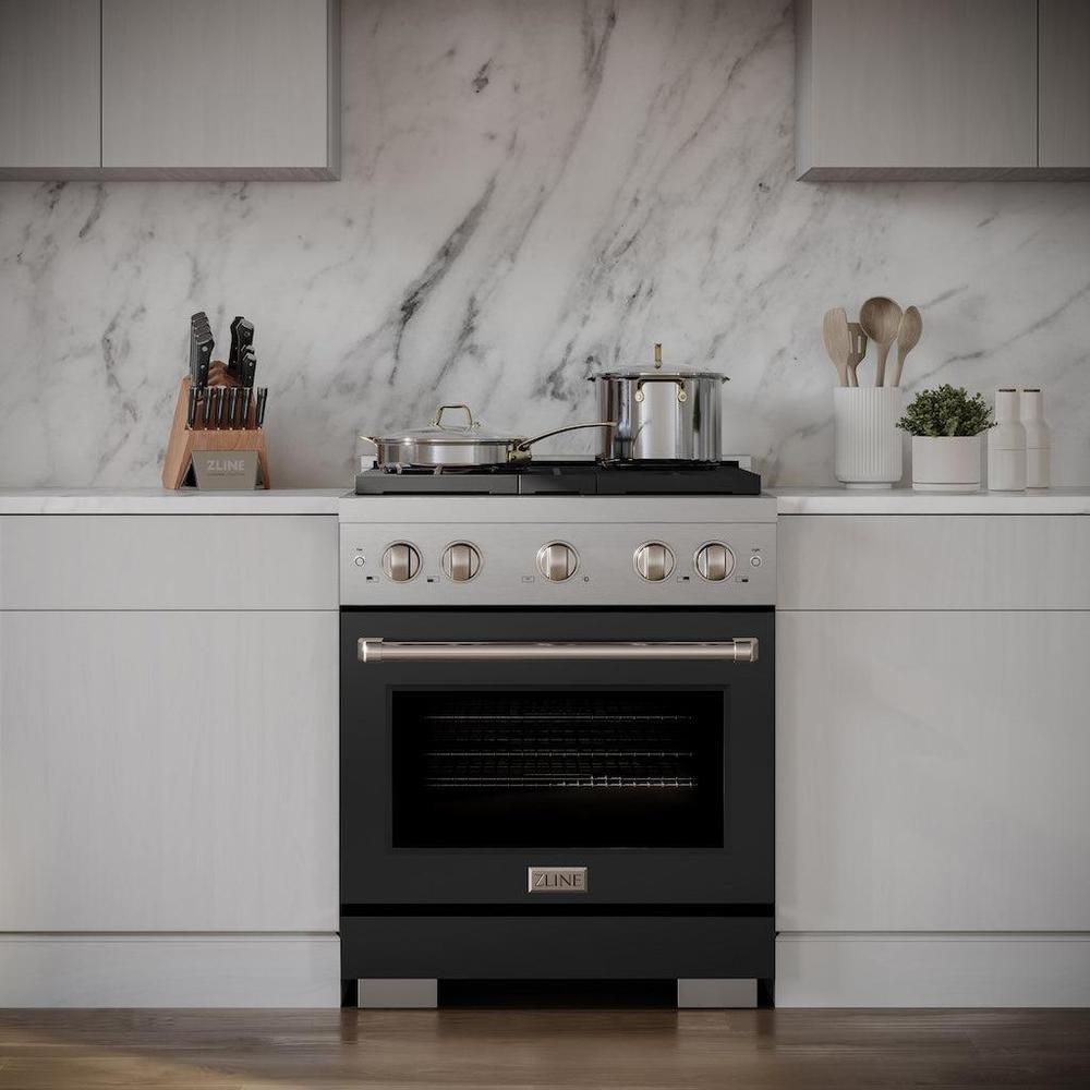 ZLINE Paramount 30-inch range in stainless steel with black matte door SGR-BLM-30, front view