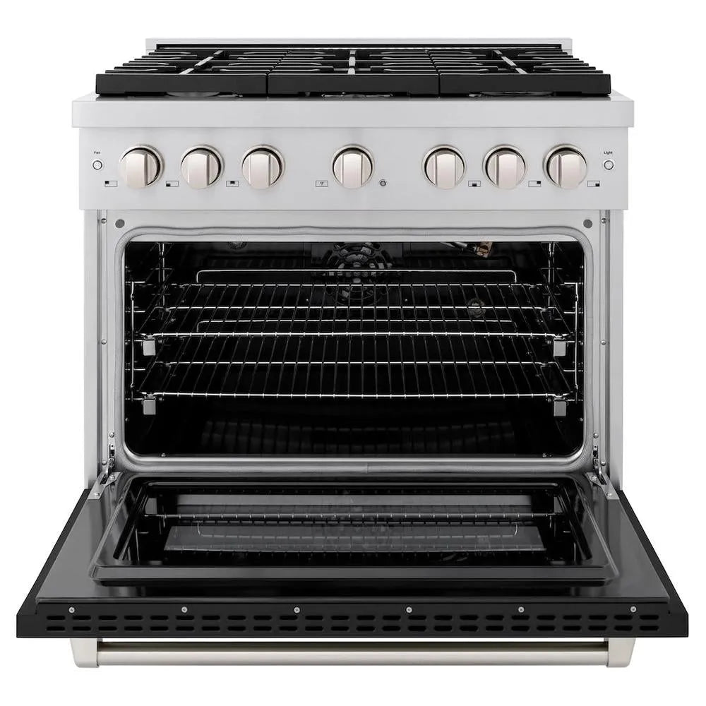 ZLINE Paramount 36-inch range in stainless steel with black matte door SGR-BLM-36, front view