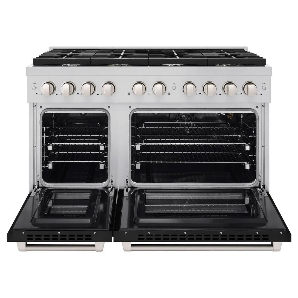 ZLINE Paramount 48-inch range in stainless steel with black matte door SGR-BLM-48, front view