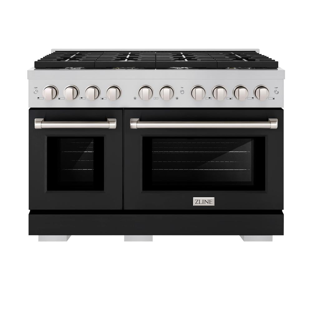 ZLINE Paramount 48-inch range in stainless steel with black matte door SGR-BLM-48, front view