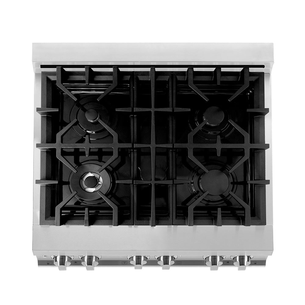 ZLINE Legacy 30-inch dual fuel range RA30, 4-burner cooktop from above