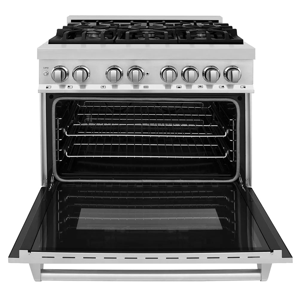 ZLINE Legacy 36-inch dual fuel range RA36 with oven door open