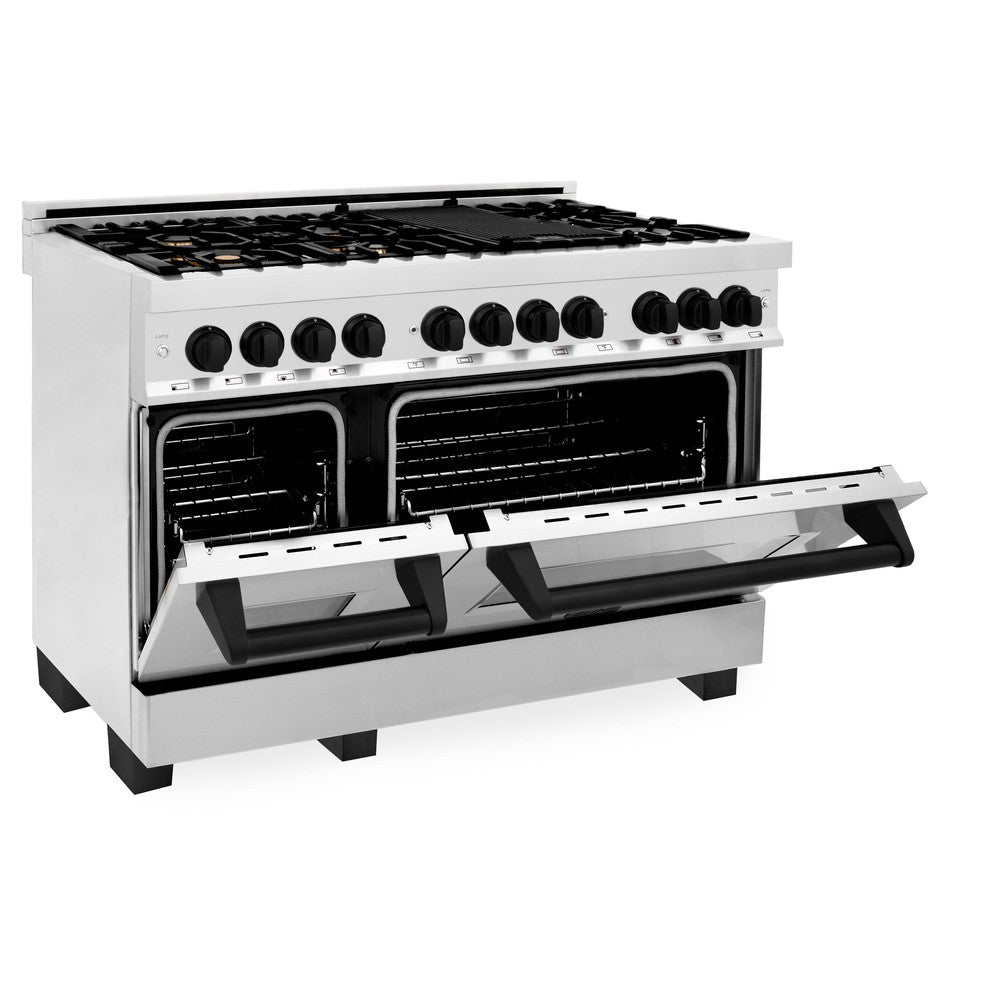 ZLINE Autograph Edition Legacy 48-inch range in stainless steel and matte black accents RAZ-48-MB, door open