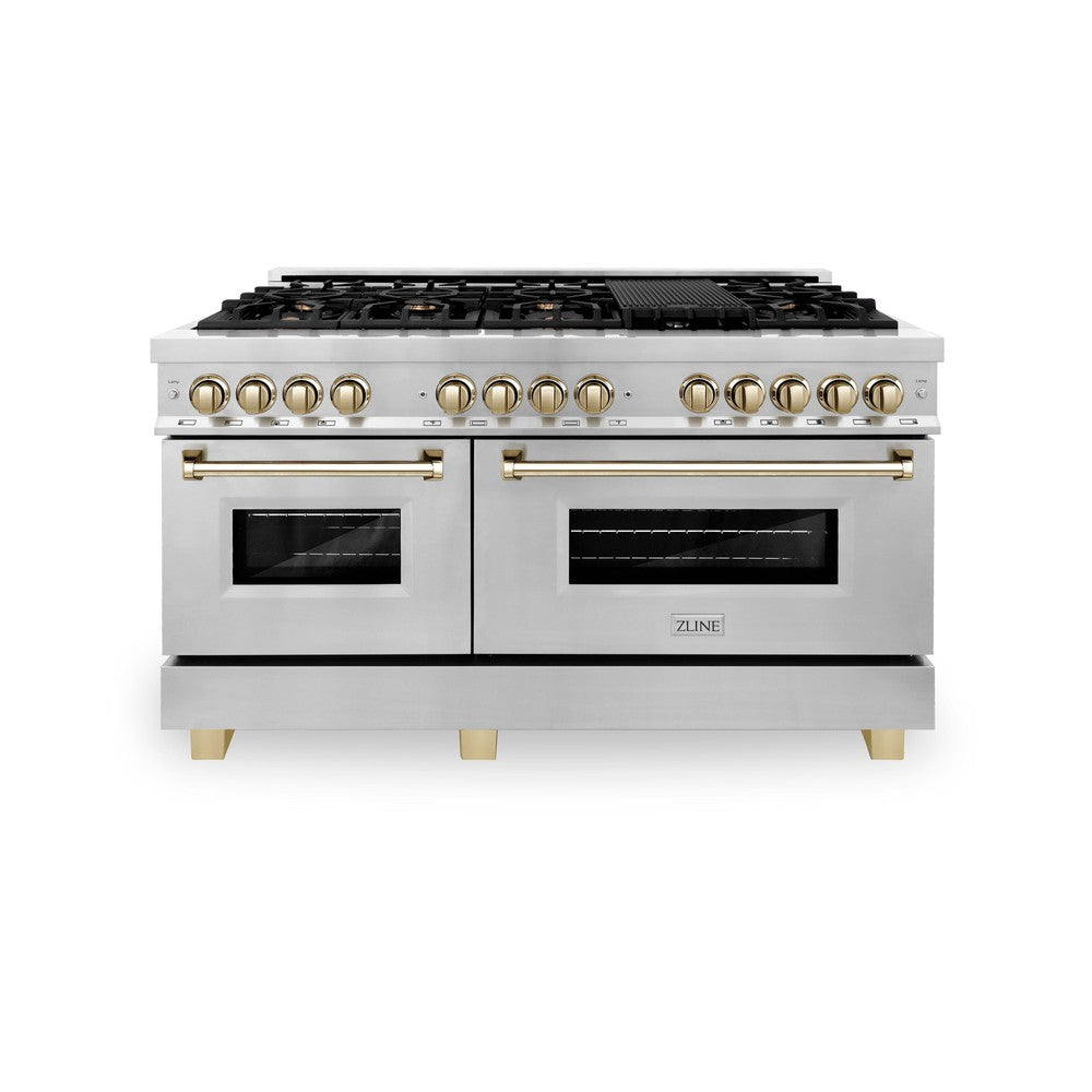 ZLINE Autograph Edition Legacy 60-inch range in stainless steel and polished gold accents RAZ-60-G, front view