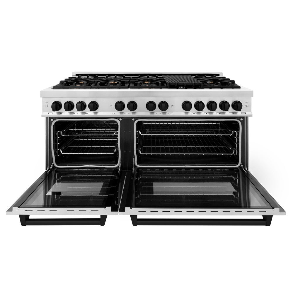 ZLINE Autograph Edition Legacy 60-inch range in stainless steel and matte black accents RAZ-60-MB, front view