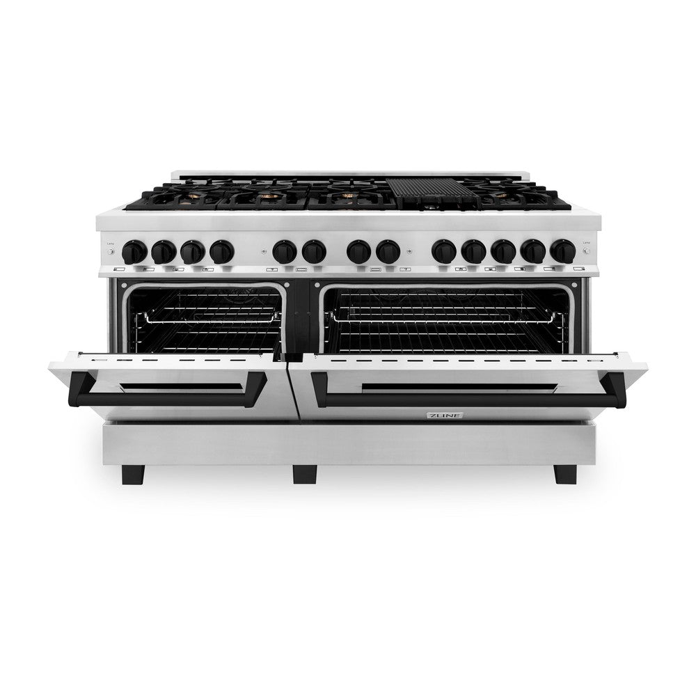 ZLINE Autograph Edition Legacy 60-inch range in stainless steel and matte black accents RAZ-60-MB, door open