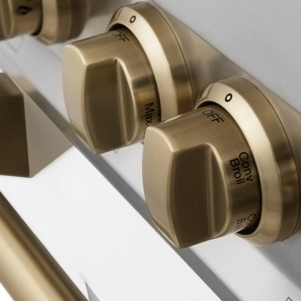 ZLINE Autograph Edition Legacy 24-inch range in stainless steel with white matte door and champagne bronze accents RAZ-WM-24-CB, detail
