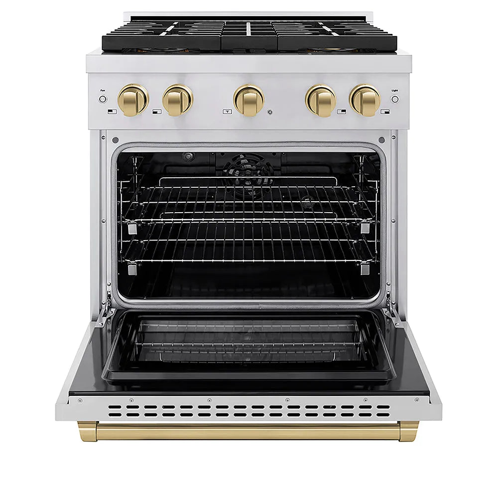 ZLINE Autograph Edition Paramount 30-inch range in stainless steel and champagne bronze accents PSDRZ-30-CB, front view