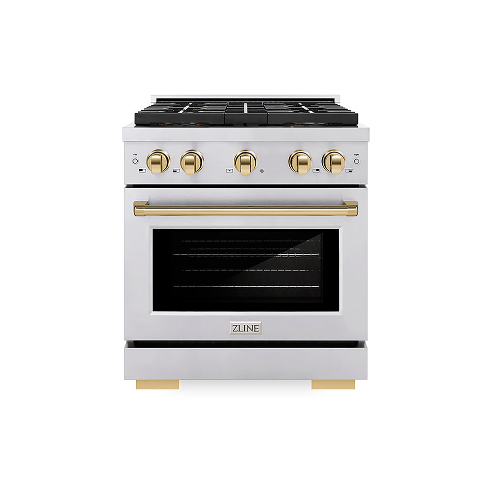 ZLINE Autograph Edition Paramount 30-inch range in stainless steel and polished gold accents PSDRZ-30-G, front view
