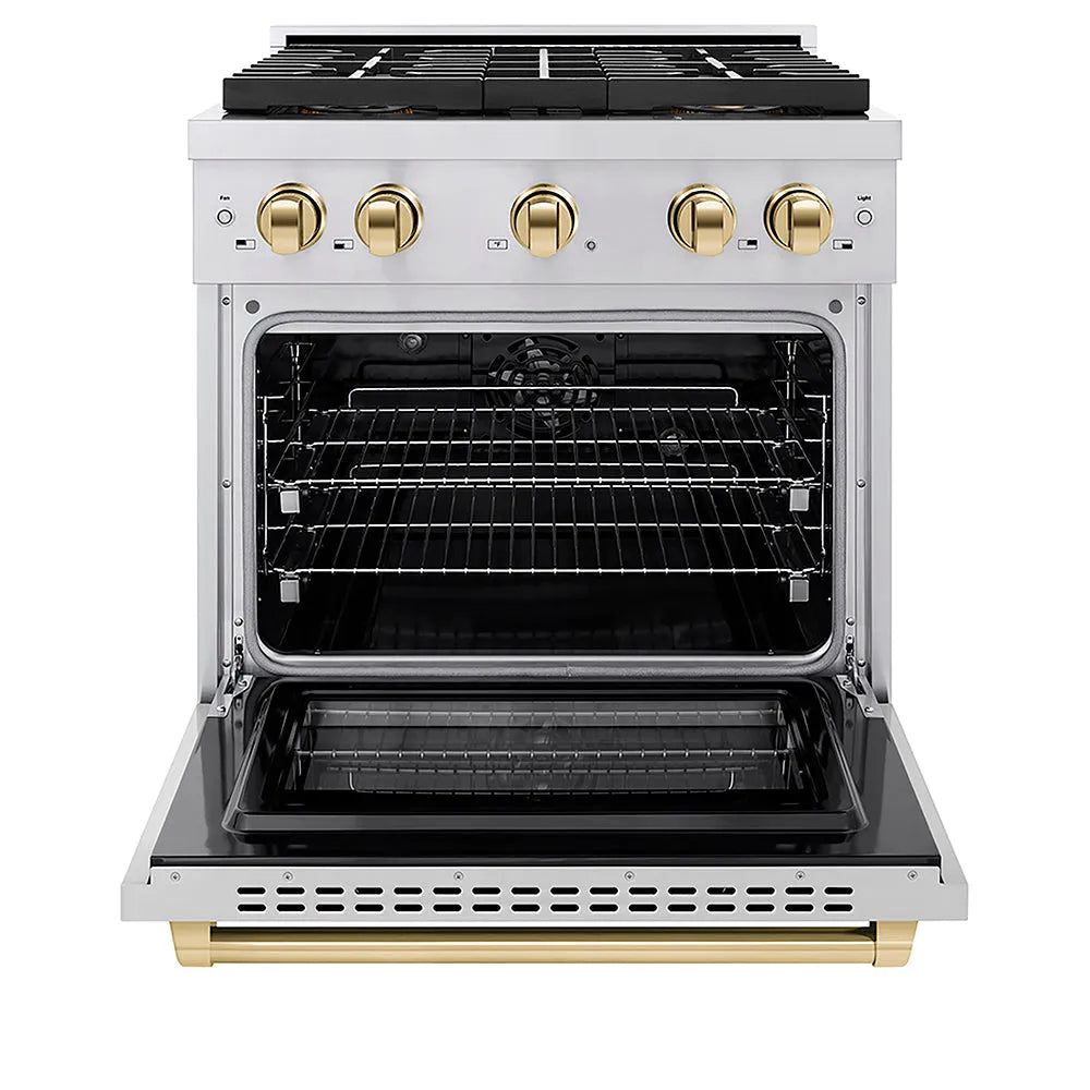 ZLINE Autograph Edition Paramount 30-inch range in stainless steel and polished gold accents PSDRZ-30-G, front view