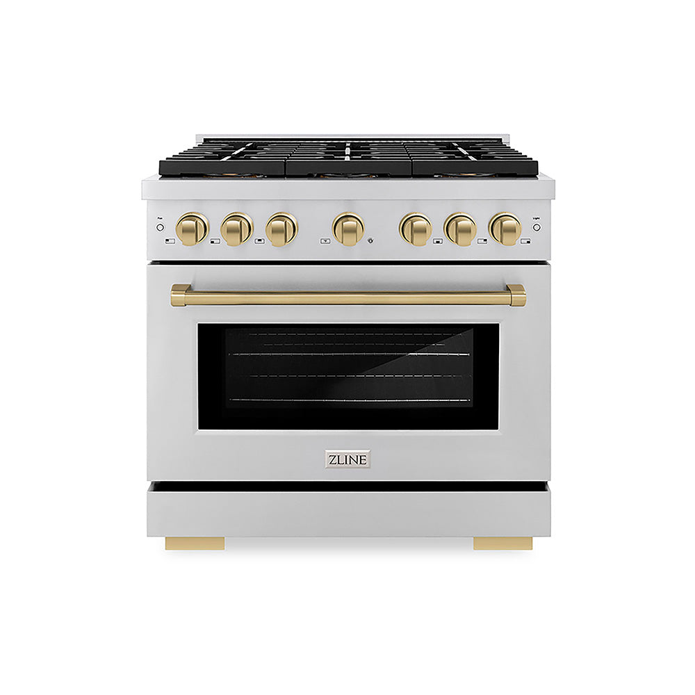 ZLINE Autograph Edition Paramount 36-inch range in stainless steel and champagne bronze accents PSDRZ-36-CB, front view