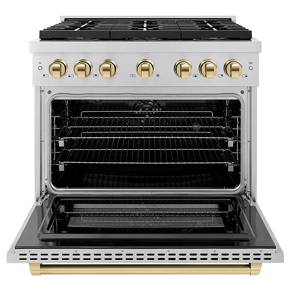 ZLINE Autograph Edition Paramount 36-inch range in stainless steel and polished gold accents PSDRZ-36-G, front view