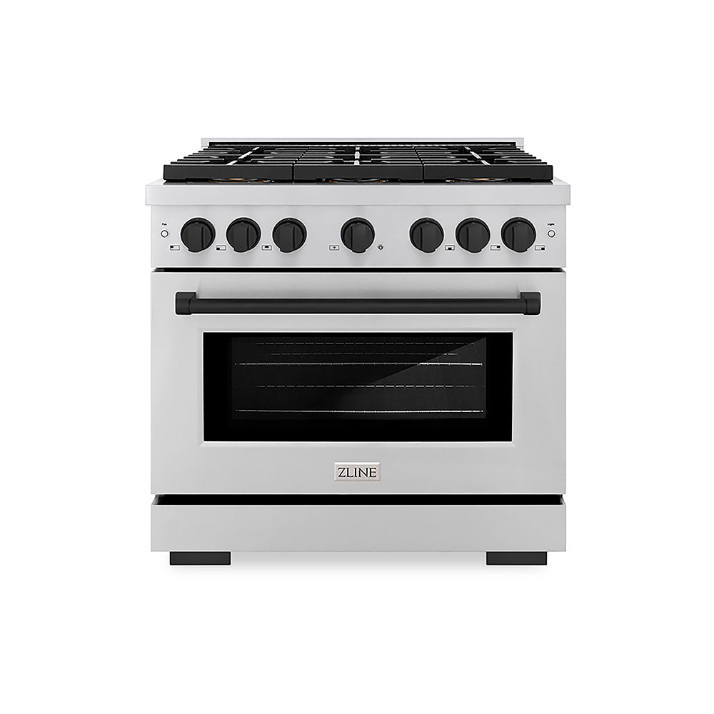ZLINE Autograph Edition Paramount 36-inch range in stainless steel and matte black accents PSDRZ-36-MB, front view