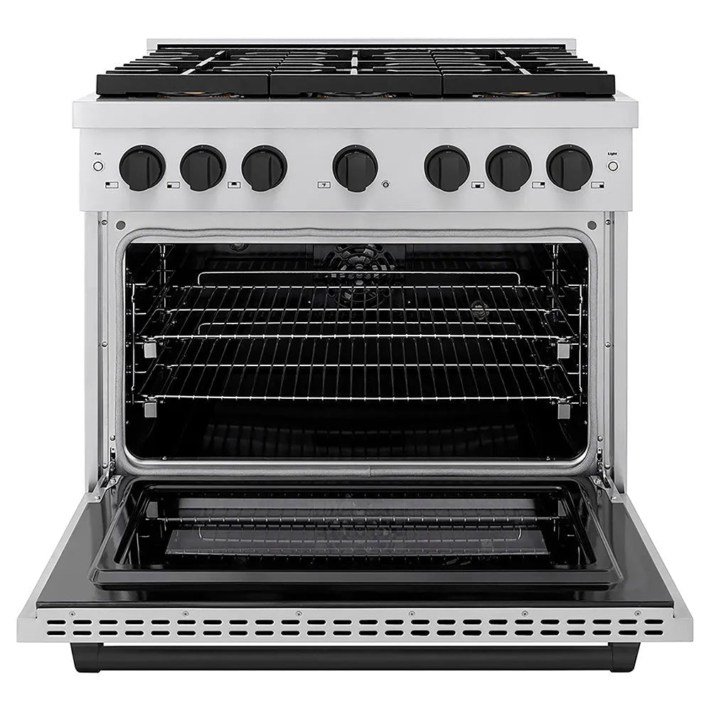 ZLINE Autograph Edition Paramount 36-inch range in stainless steel and matte black accents PSDRZ-36-MB, front view