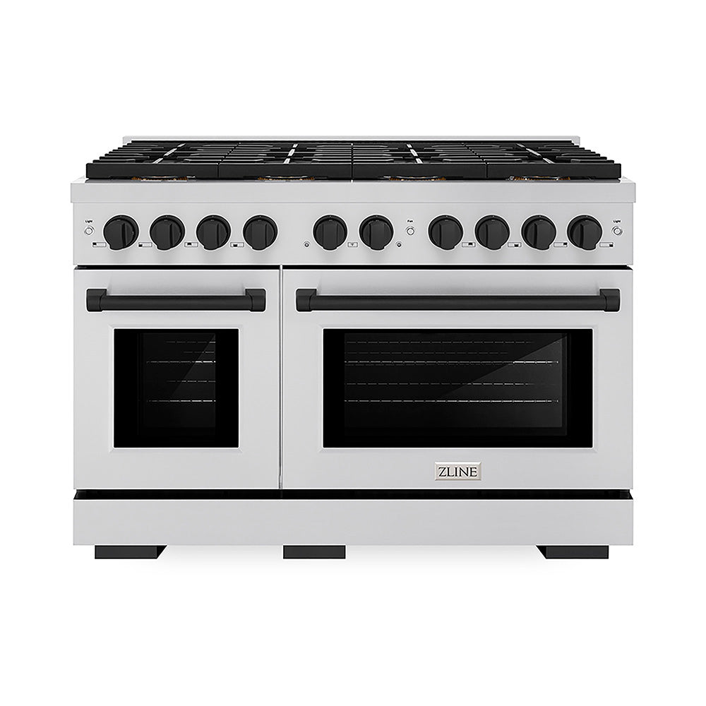 ZLINE Autograph Edition Paramount 48-inch range in stainless steel and matte black accents PSDRZ-48-MB, front view