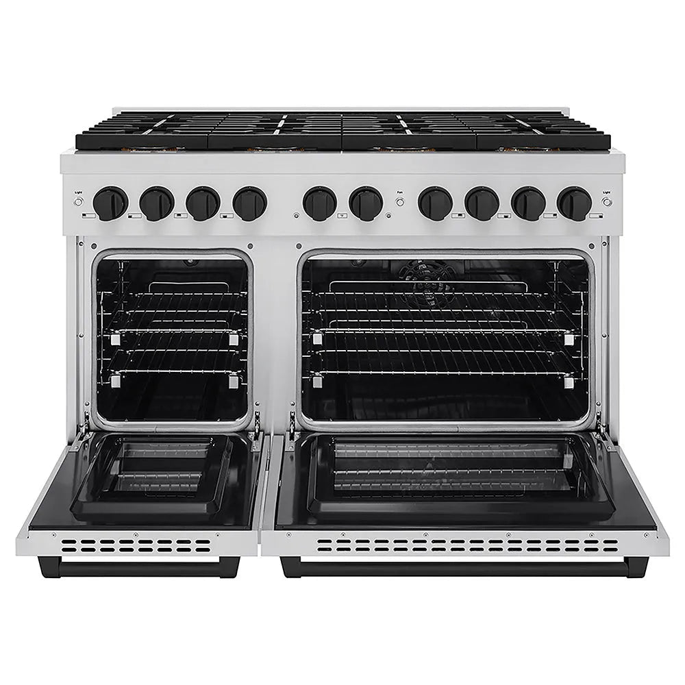 ZLINE Autograph Edition Paramount 48-inch range in stainless steel and matte black accents PSDRZ-48-MB, front view
