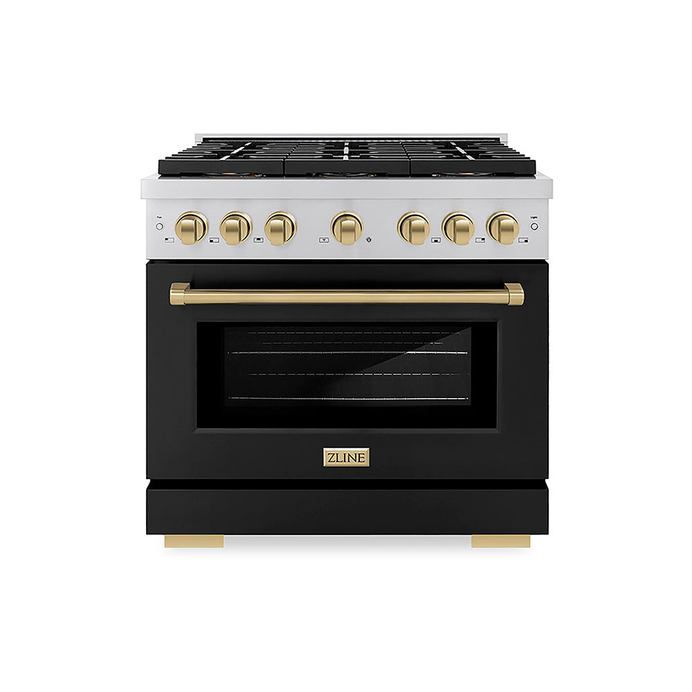 ZLINE Autograph Edition Paramount 36-inch range in black matte and champagne bronze accents PSDRZ-BLM-36-CB, front view